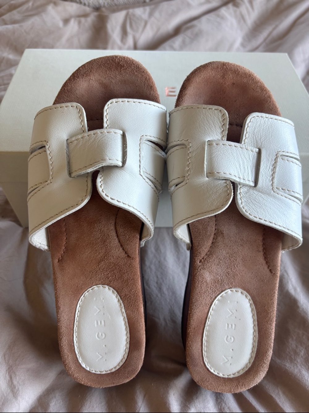 M. Gemi White Leather Double-Strap Slide Sandals with Brown Suede Footbed